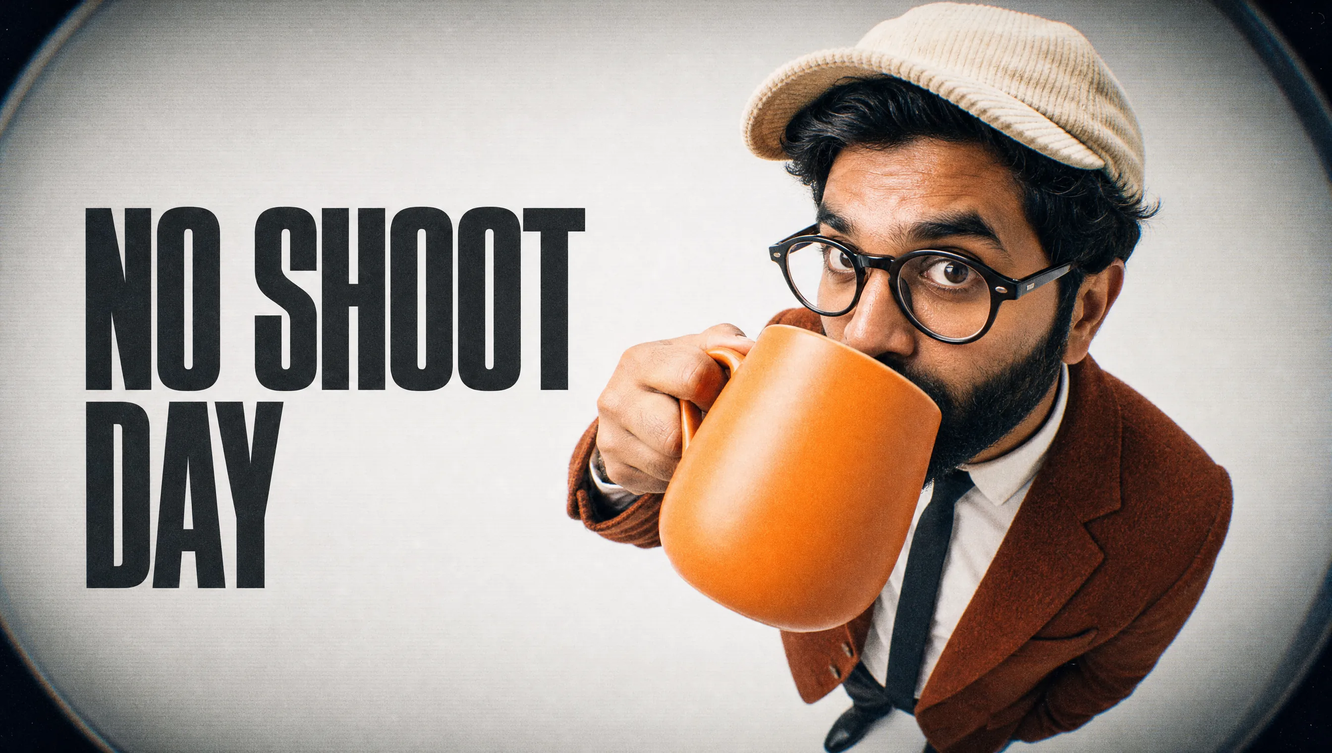 Deenu Khan sipping from an oversized mug beside the words No Shoot Day